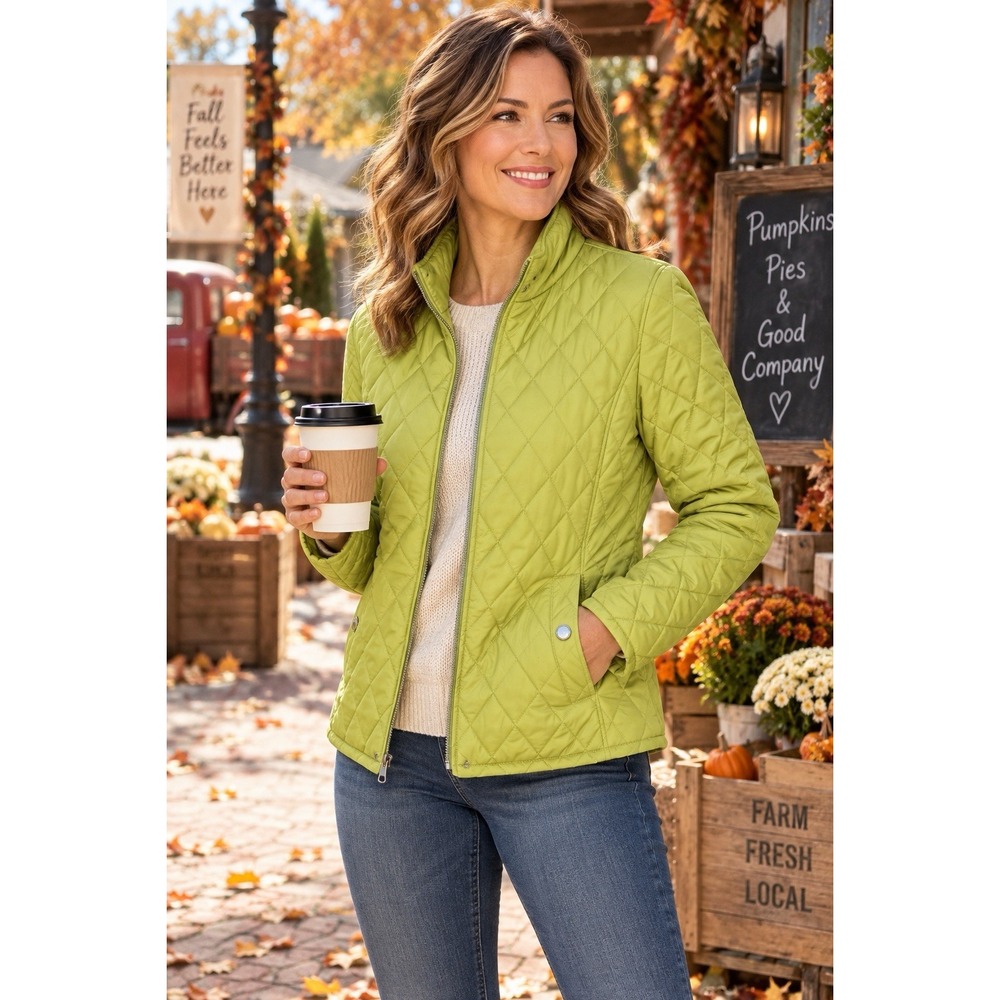 Lands' End Women's L 14-16 Green Diamond Quilted Jacket Plaid Lined Zip